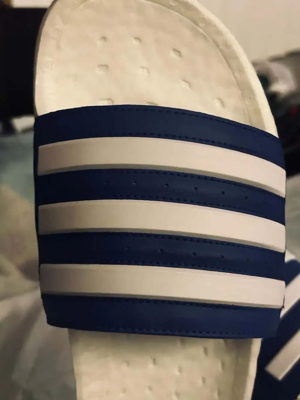 Adidas Adilette Boost Slides White and Blue Stripes